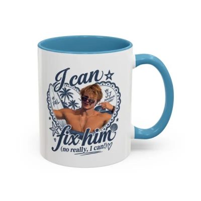 Funny Beach Guy Coffee Mug, Retro Summer Surf Design Cup, Blue Handle Ceramic Mug, Fun Gift for Friends & Coworkers