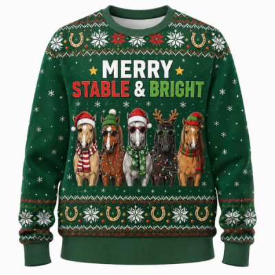 Merry Stable Bright Sweater Horse Ugly Christmas Sweatshirt Equestrian Holiday Party Jumper Xmas Country Gift Idea