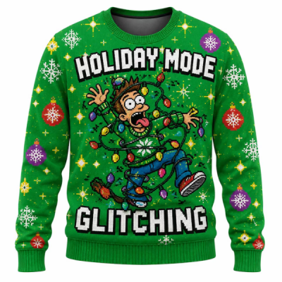 Ugly Christmas Sweater, Funny Holiday Sweater, Green Xmas Sweatshirt, Retro Pixel Art, Festive Winter Pullover, Christmas Party Gift for Men