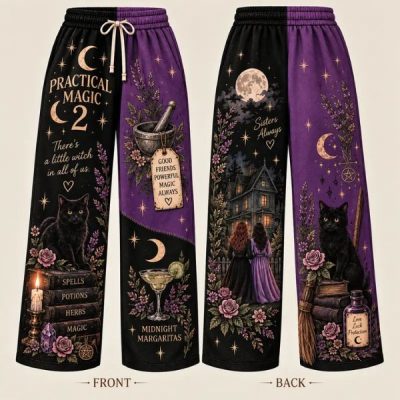 Witchy Loose Sweatpants for Women | Mystical Moon Floral Cat Wide Leg Pants | Gothic Magic Lounge Pants