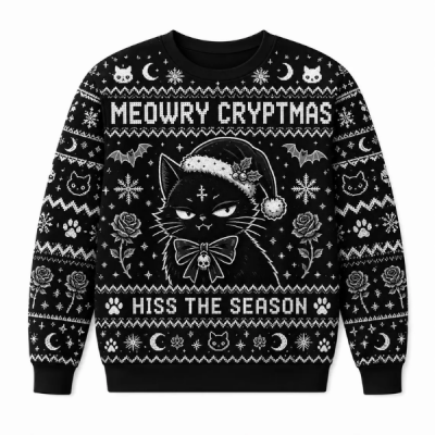Meowry Cryptmas Sweater Black Cat Ugly Christmas Sweatshirt Gothic Hiss The Season Holiday Party Jumper Xmas Goth Gift Idea