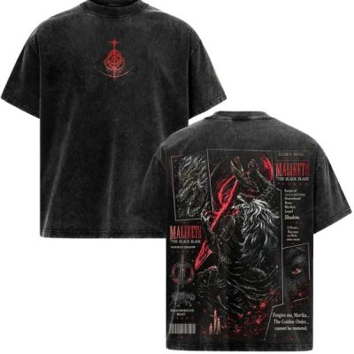 en's Classic Oversized Fit Seamless Short-Sleeve Heavyweight Vintage Washed Cotton Round Neck T-Shirt - 5 Elden Ring Prints