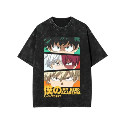 My Hero Academia Deku Bakugo Todoroki Vintage Washed Graphic Tee Oversized Heavyweight Cotton Anime Streetwear Boxy Fit Drop Shoulder Relaxed Fit Y2K Casual Unisex T Shirt