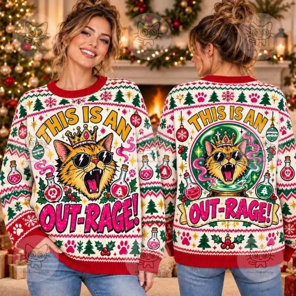 This Is An Outrage Ugly Christmas Sweater, Princess Donut Dungeon Crawler Carl Sweater, LitRPG Gamer Gift, Cozy Christmas Sweater Gift