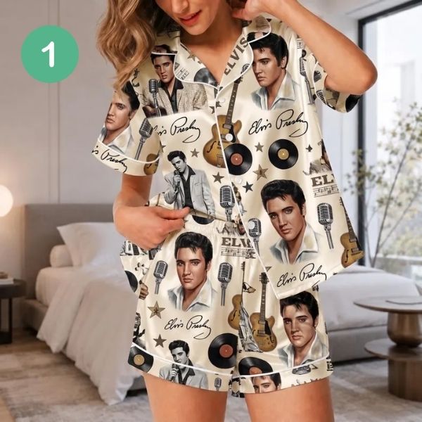 Elvis Presley Satin Pajamas, Vintage Rock and Roll Sleepwear, Retro Music Lounge Set, Silky Short Pajama Gift for Fans