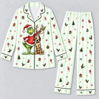 Green Christmas Pajama Set for Women, Funny Green Holiday PJs, Christmas Character Sleepwear, Long or Short Xmas Pajamas